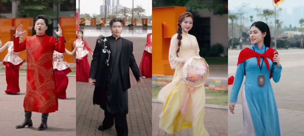 Ca sĩ Tùng Dương, rapper Manbo, Hoa hậu Kiều Duy và Á hậu Thu Uyên khoác lên mình những chiếc áo dài đậm đà bản sắc Việt.