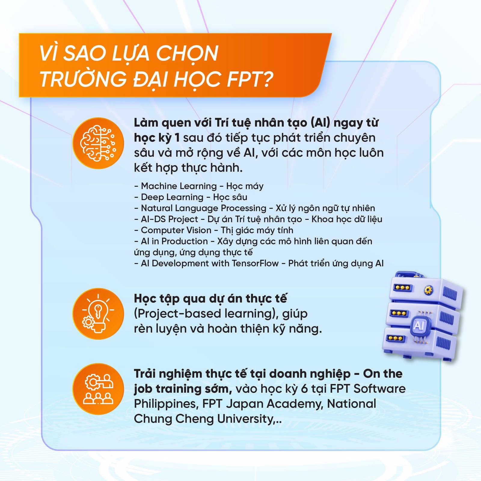 Tại Trường Đại học FPT, chuyên ngành Trí tuệ nhân tạo là hành trình phát triển tư duy, kỹ năng và bản lĩnh công nghệ.