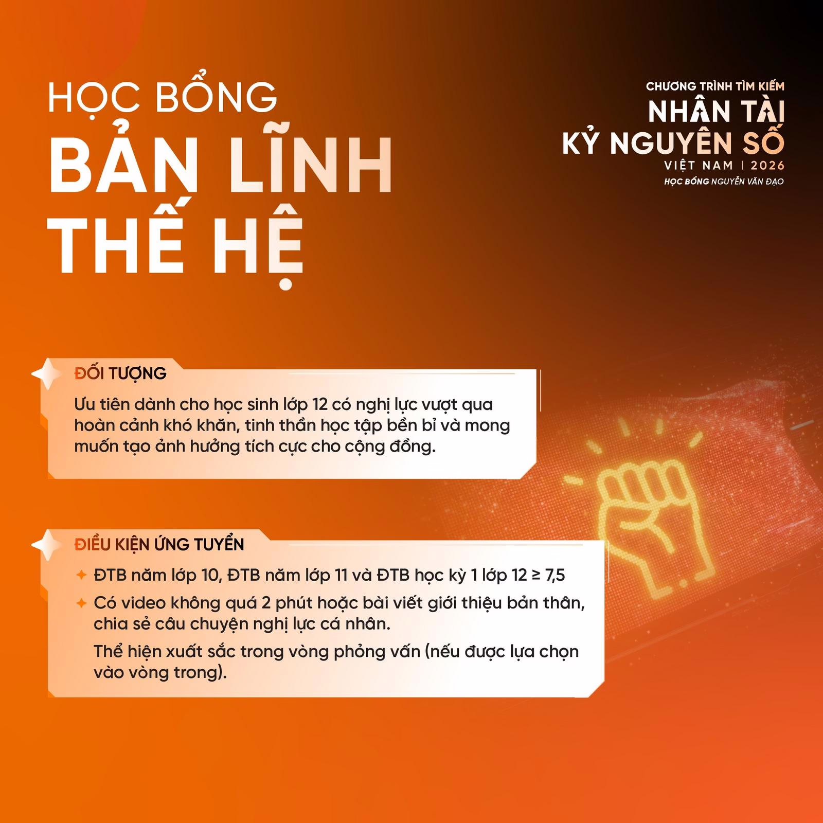 Học bổng Bản lĩnh thế hệ - một trong 6 loại học bổng của Trường Đại học FPT - Nguồn: FPTU