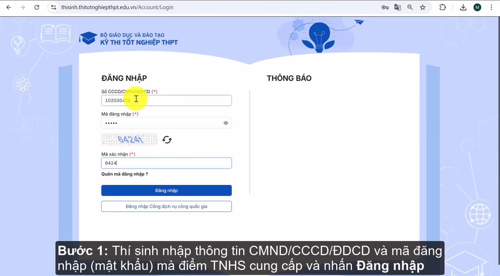 thi sinh dang nhap vao he thong dang ky thi tot nghiep 1