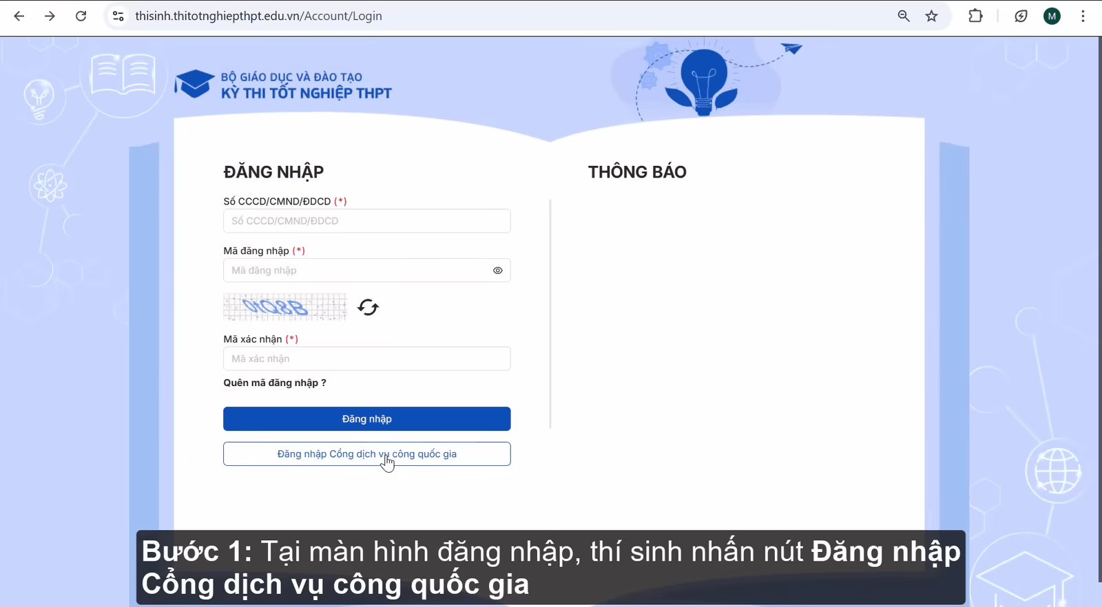 thi sinh tu do dang nhap qua cong dich vu cong quoc gia 1