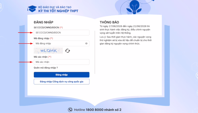 3 mục cần điền tại bước đăng nhập