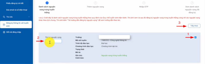 Tại cửa sổ “Danh sách nguyện vọng trúng tuyển thẳng”