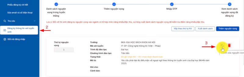 Xem danh sách nguyện vọng đã đăng ký, thí sinh nhấn vào mục Sửa để tiến hành sửa nguyện vọng