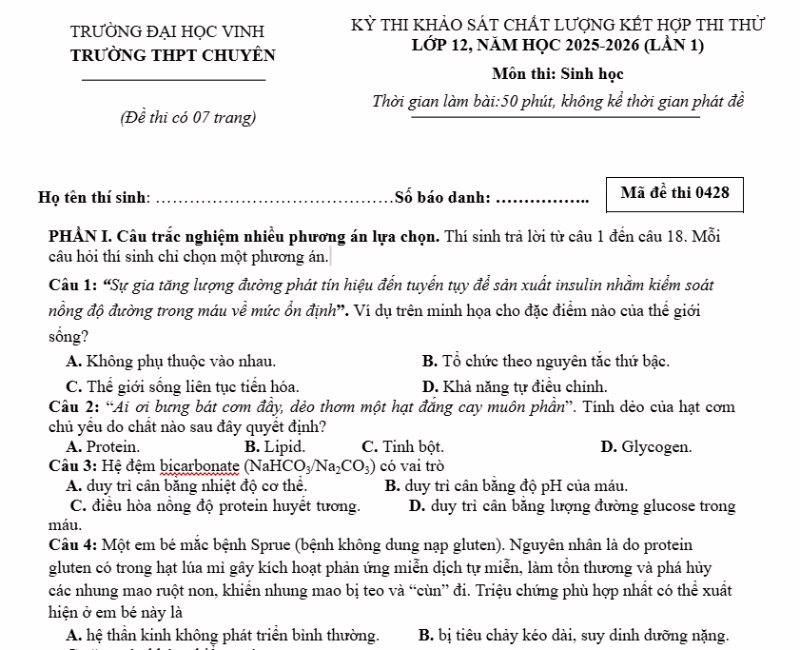 Đề thi thử môn Sinh Trường chuyên Đại học Vinh