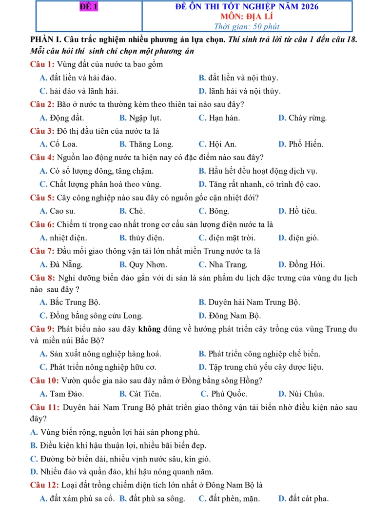 Đề thi thử THPT Địa Lý Bộ 10 đề