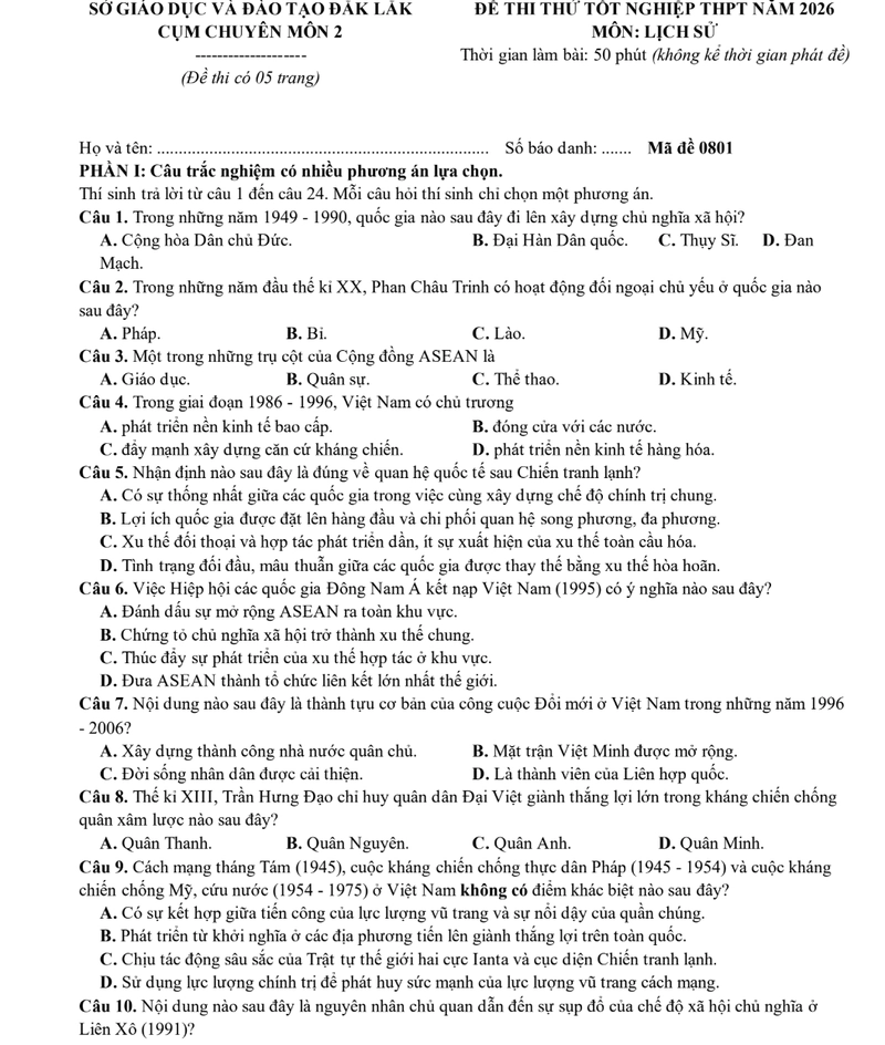 Đề thi thử THPT Lịch Sử Đak Lak