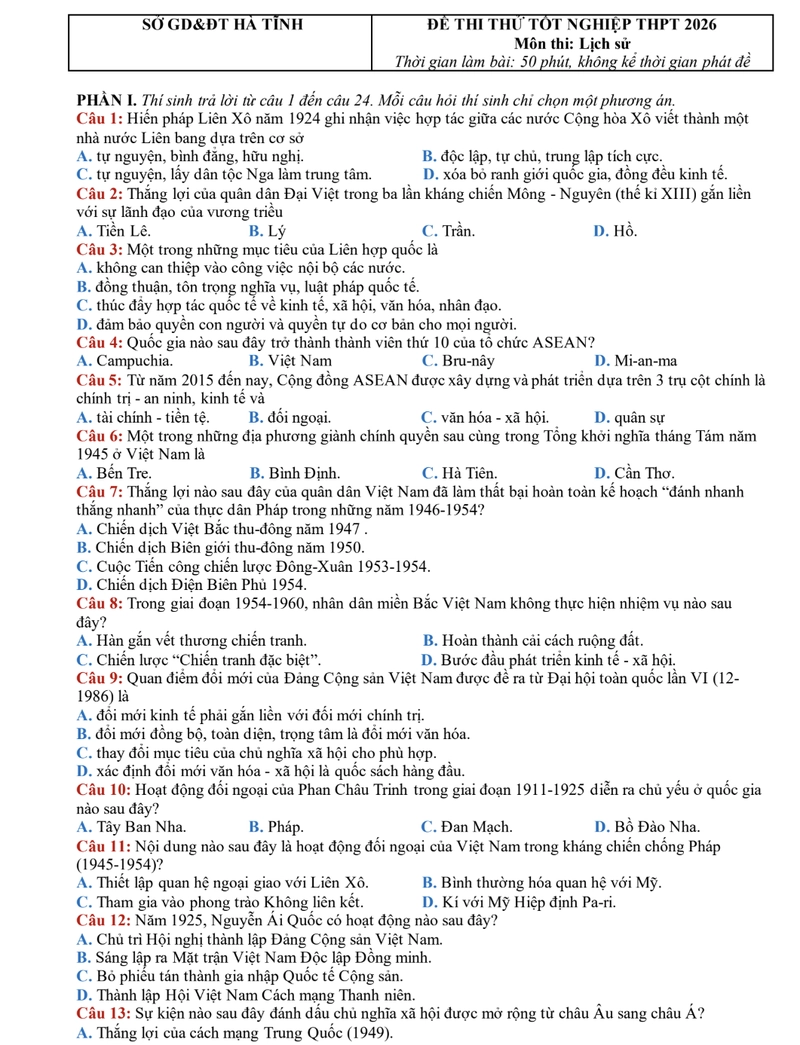Đề thi thử THPT Lịch Sử Hà Tĩnh