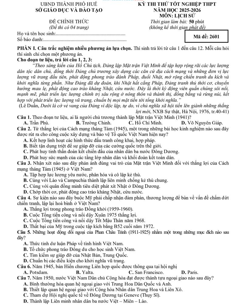 Đề thi thử THPT Lịch Sử Huế