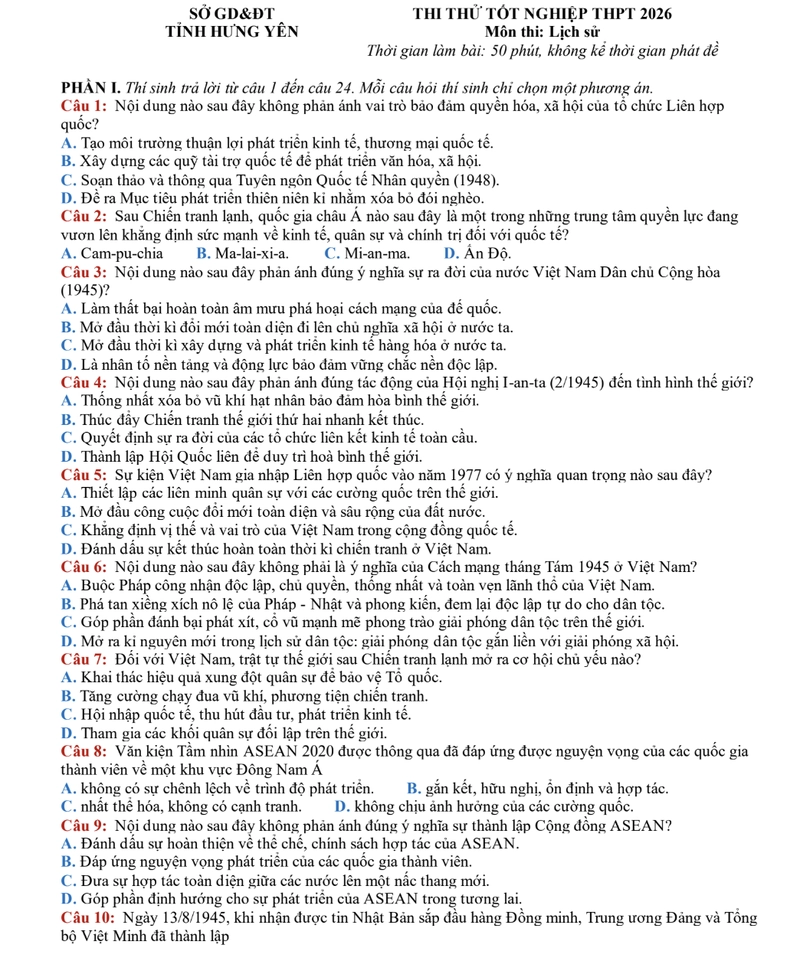 Đề thi thử THPT Lịch Sử Hưng Yên
