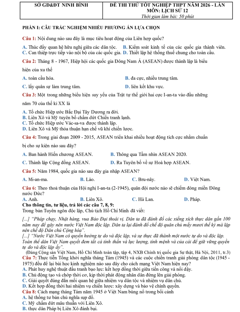 Đề thi thử THPT Lịch Sử Ninh Bình