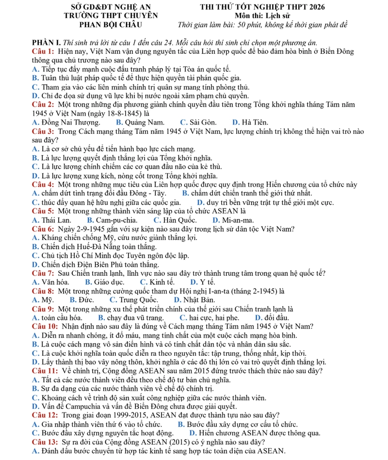 Đề thi thử THPT Lịch Sử Phan Bội Châu