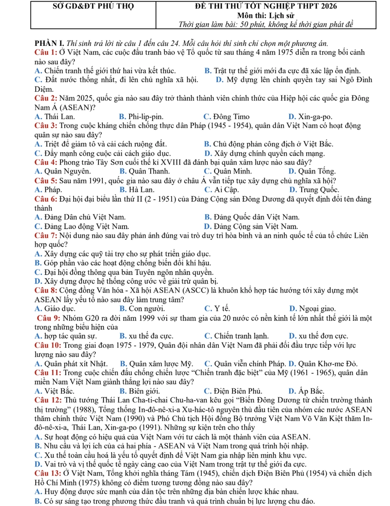 Đề thi thử THPT Lịch Sử Phú Thọ