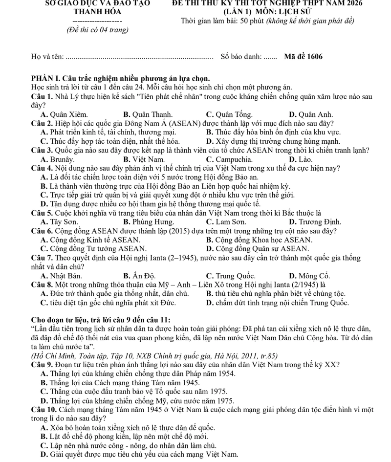 Đề thi thử THPT Lịch Sử Thanh Hoá