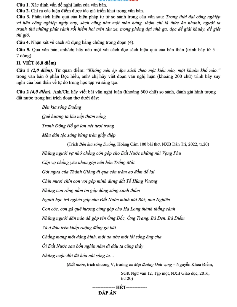 Đề thi thử THPT môn Văn Bắc Ninh