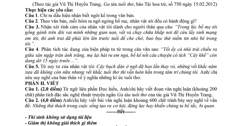 Đề thi thử THPT môn Văn Đà Nẵng
