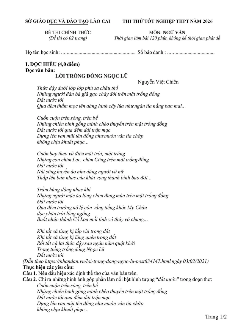Đề thi thử THPT môn Văn Lào Cai