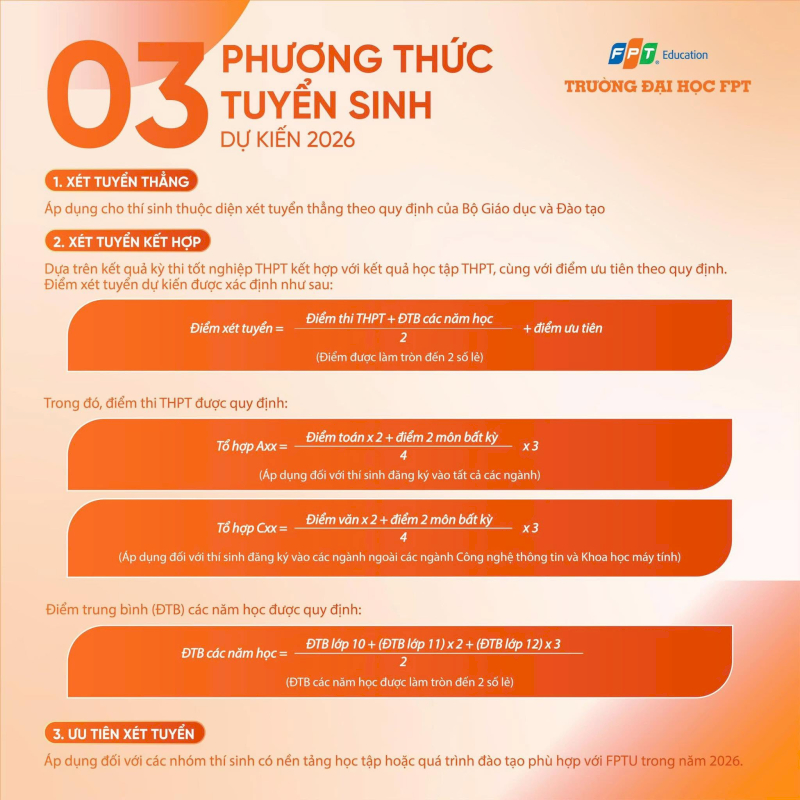 3 Phương thức tuyển sinh của Trường Đại học FPT 2026 - Nguồn: FPTU